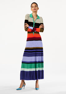 STRIPED RIBBED LONG SLEEVE MAXI POLO DRESS