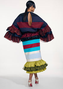 SILK EMBROIDERED COLORBLOCK RUFFLED MAXI SKIRT (PRE-ORDER)