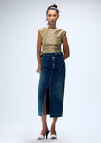 Load image into Gallery viewer, HALFTONE WIGGLE DOT DENIM PENCIL SKIRT (PRE-ORDER)
