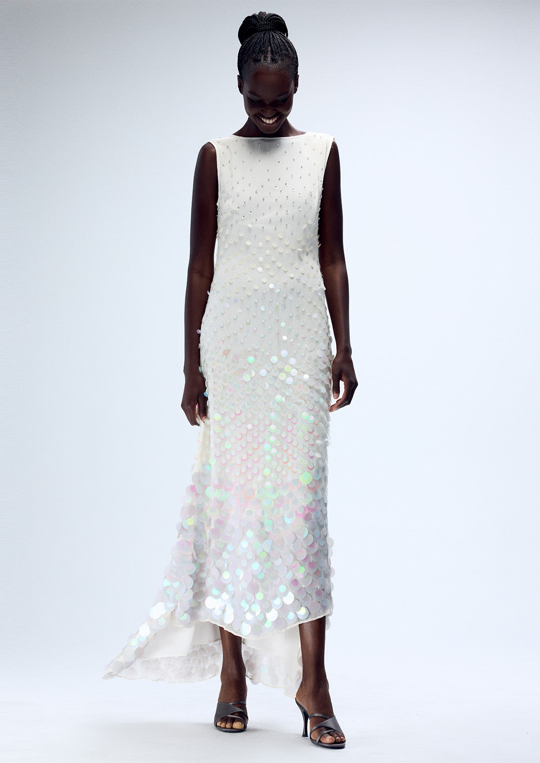 SILK EMBELLISHED STEPPED HEM SHIFT GOWN