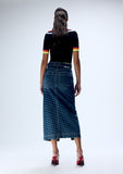 Load image into Gallery viewer, HALFTONE WIGGLE DOT DENIM PENCIL SKIRT (PRE-ORDER)
