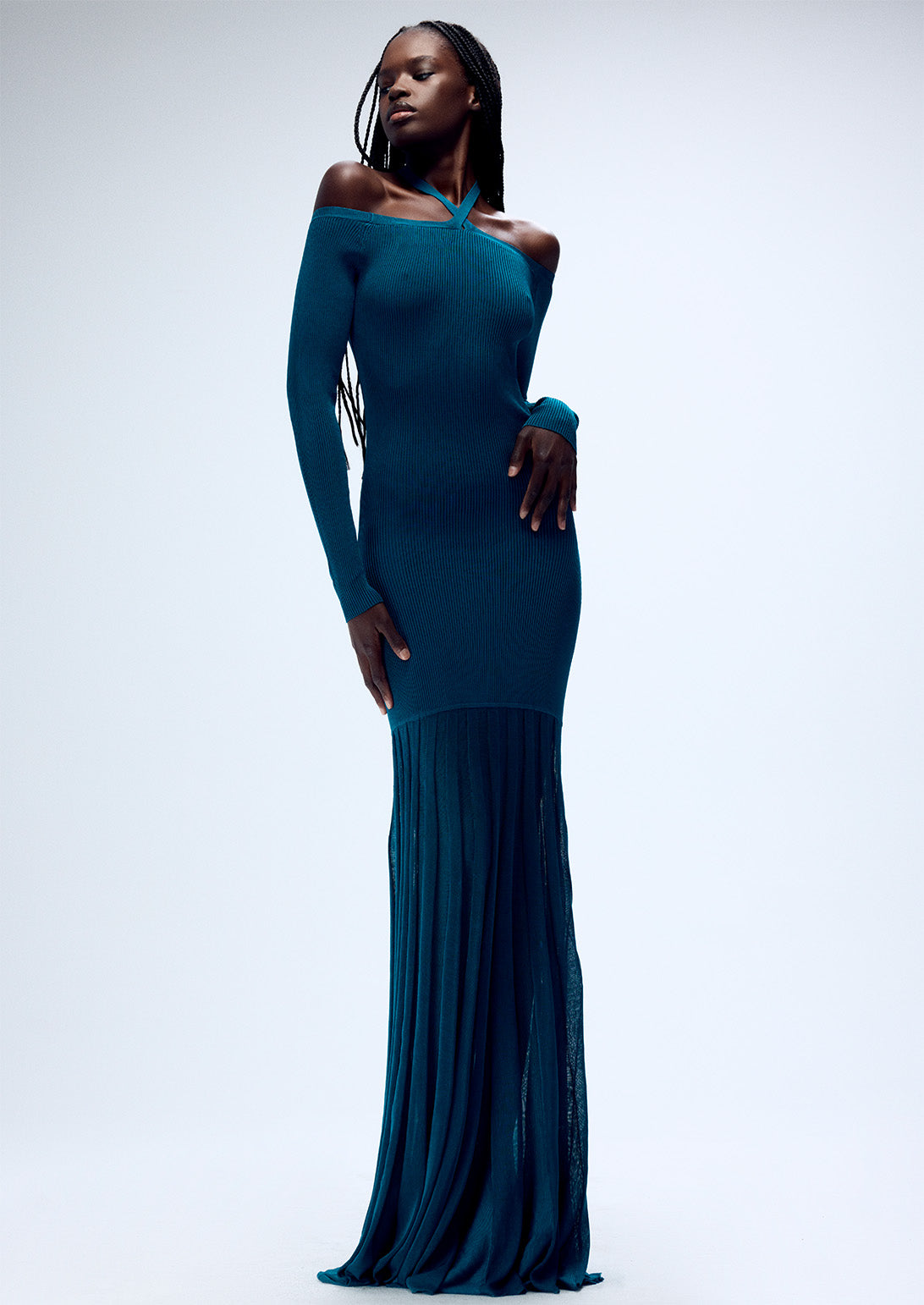 OFF-THE-SHOULDER LONG SLEEVE KNIT GOWN (PRE-ORDER)