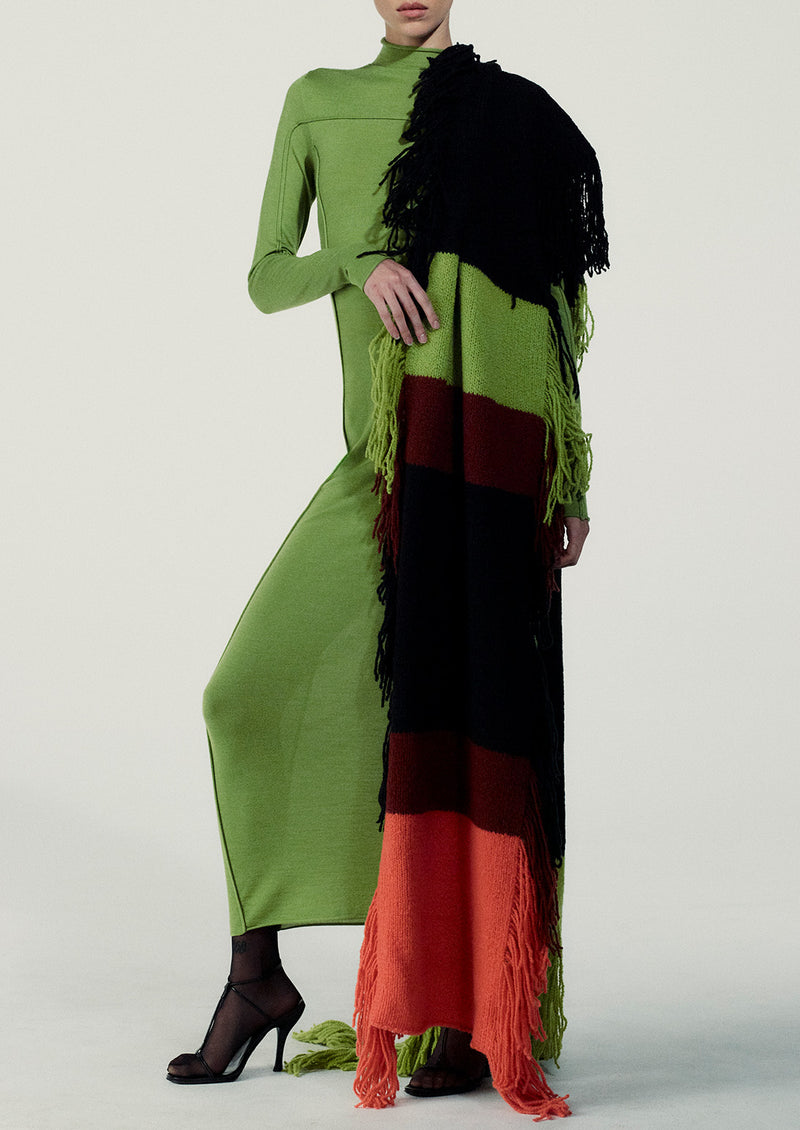 STRIPED WOOL BOUCLE FRINGED KNIT WRAP