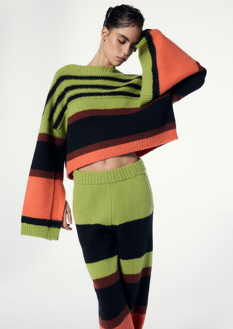 CROPPED STRIPED WOOL BOUCLE SWEATER