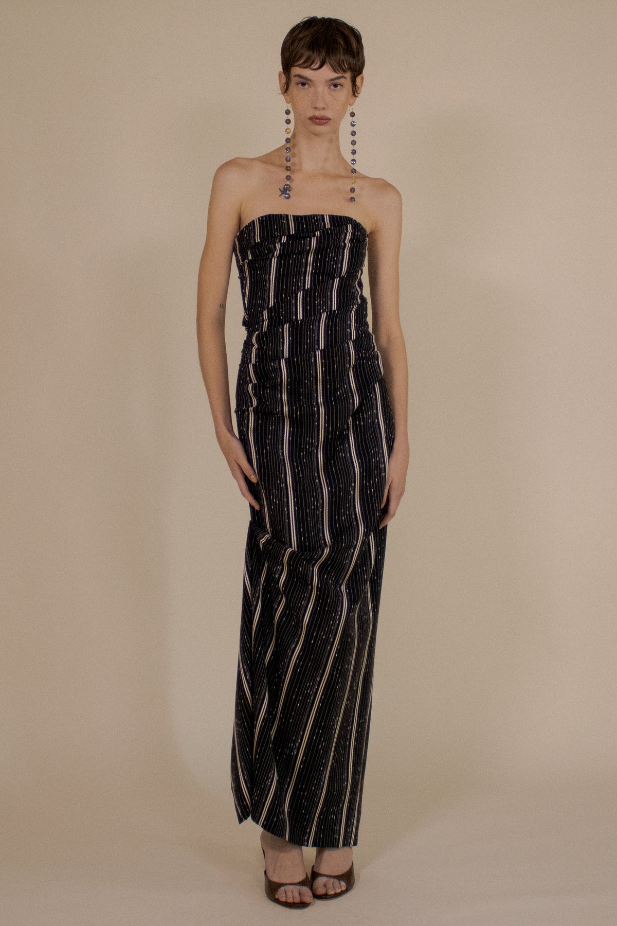 SLUB STRIPE STRAPLESS TUCKED MAXI DRESS (PRE-ORDER)