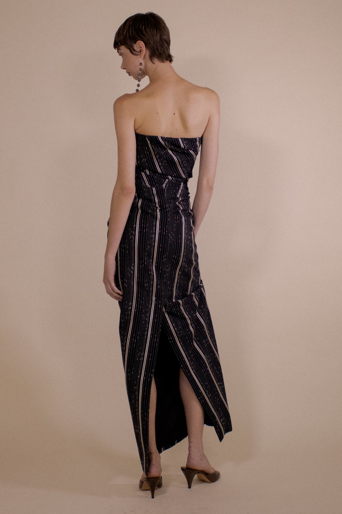 SLUB STRIPE STRAPLESS TUCKED MAXI DRESS (PRE-ORDER)