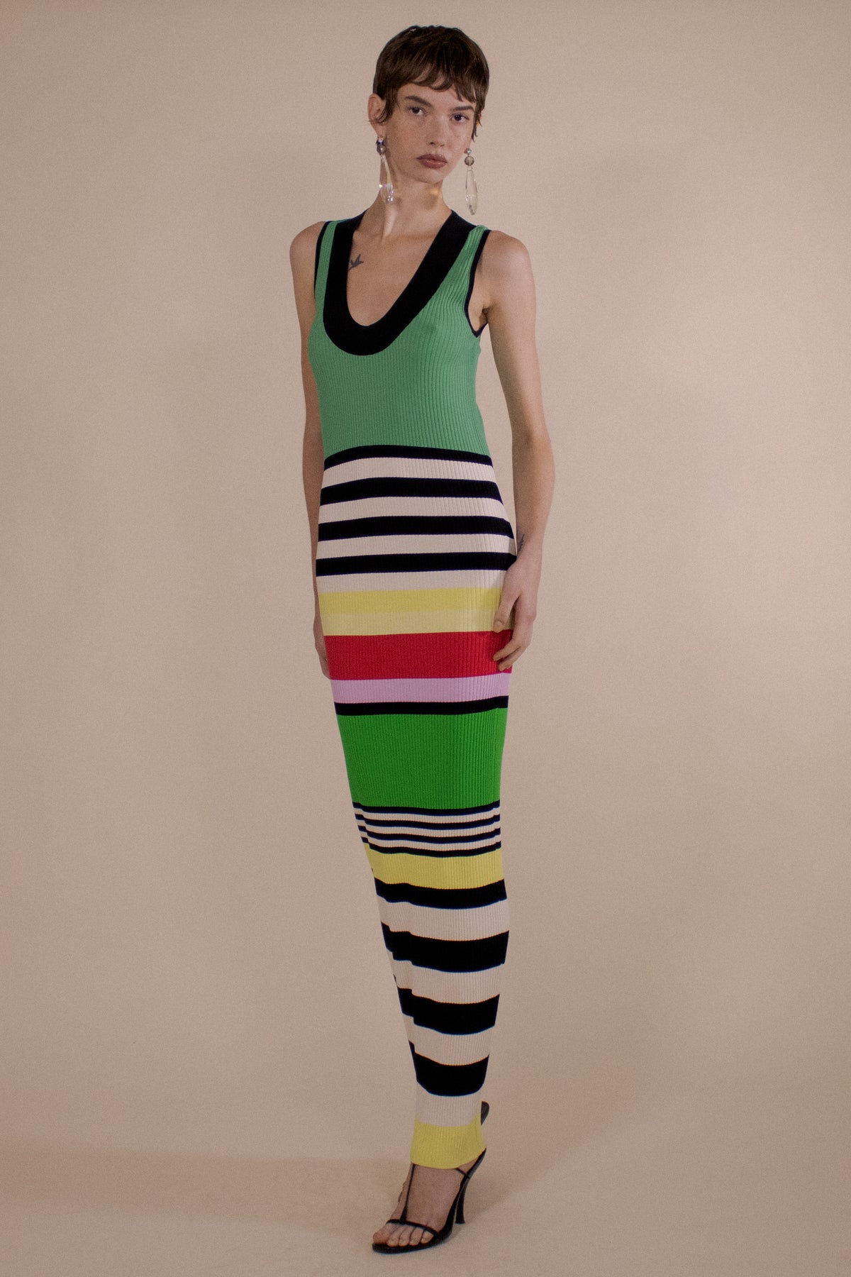 STRIPED SAUCER NECK RIBBED MAXI DRESS (PRE-ORDER)