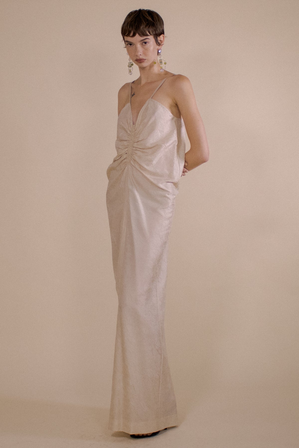 SILK RUCHE FRONT CAMI MAXI DRESS (PRE-ORDER)