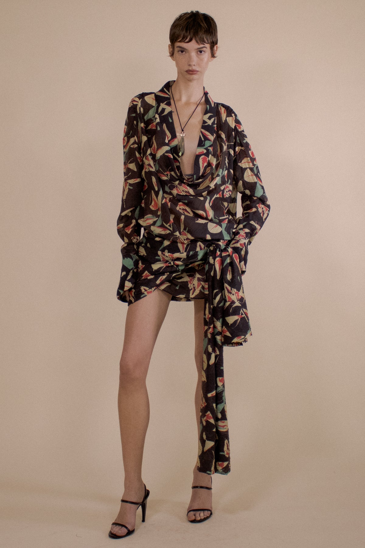 SHATTERED TULIP COWL NECK SARONG MINI DRESS (PRE-ORDER)