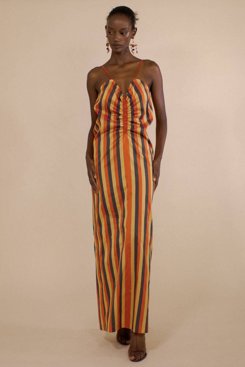SILK STRIPED RUCHED FRONT CAMI MAXI DRESS (PRE-ORDER)