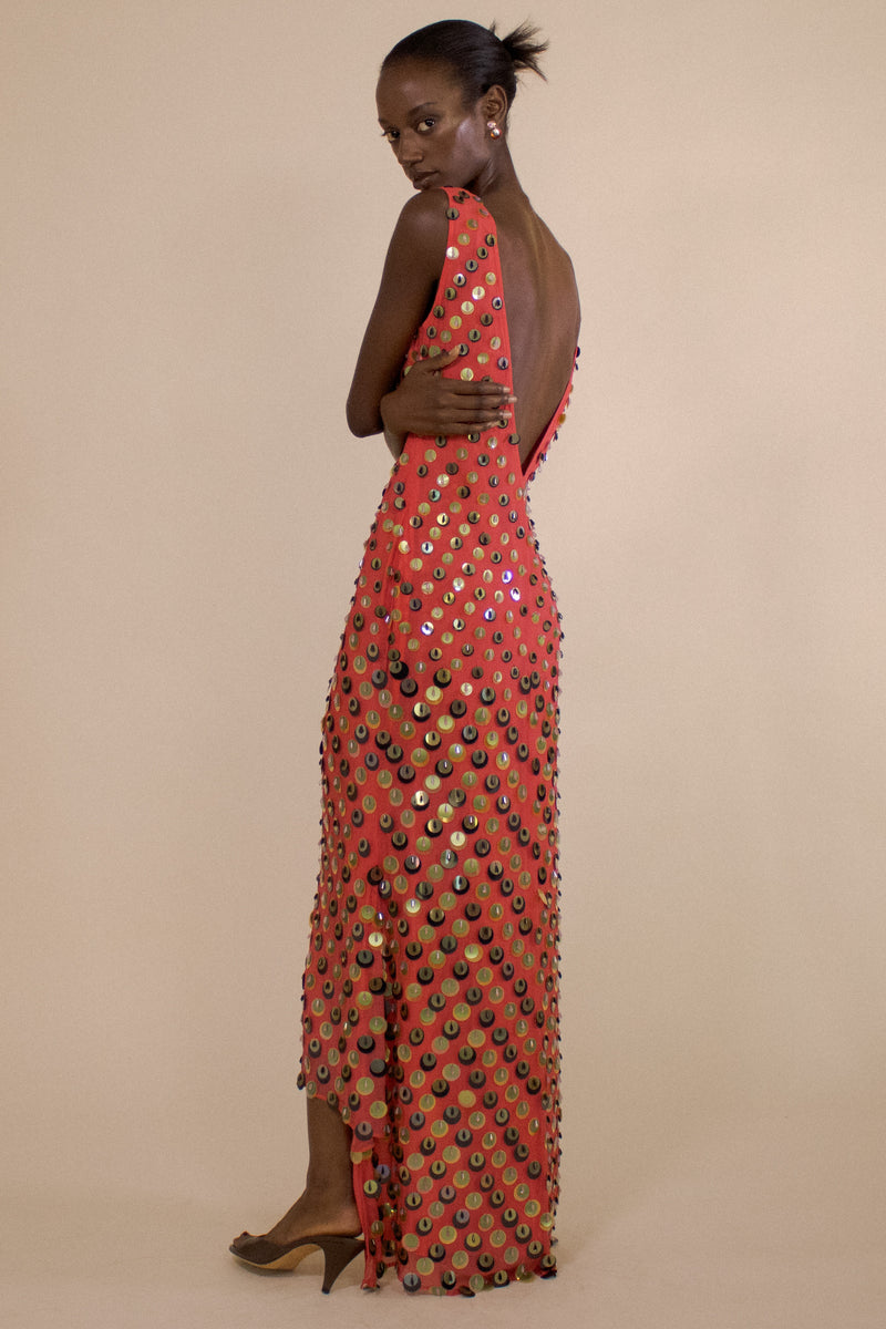 SILK EMBELLISHED V-NECK STEPPED HEM GOWN (PRE-ORDER)