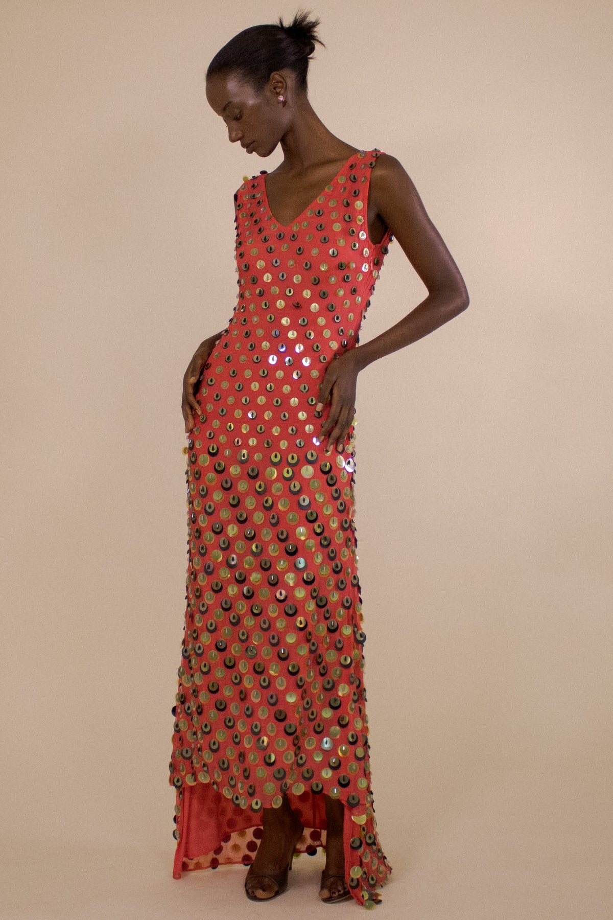 SILK EMBELLISHED V-NECK STEPPED HEM GOWN (PRE-ORDER)