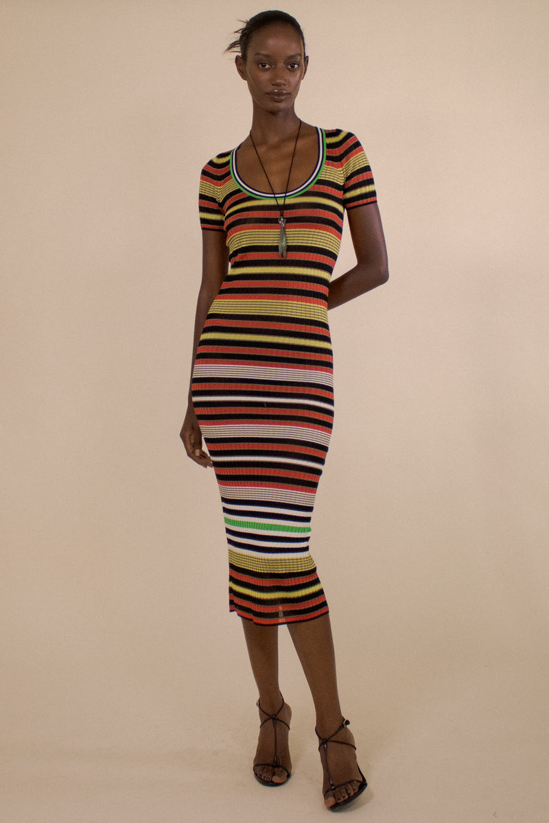 SHEER RIBBED STRIPED SCOOP NECK DRESS (PRE-ORDER)