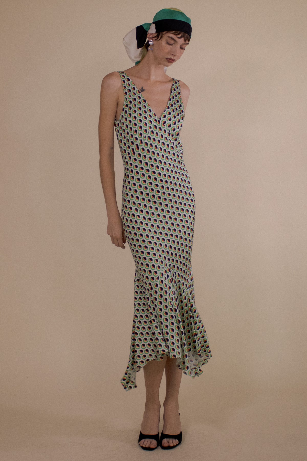SOLNA DOT V-NECK HANDKERCHIEF HEM SLIP DRESS (PRE-ORDER)