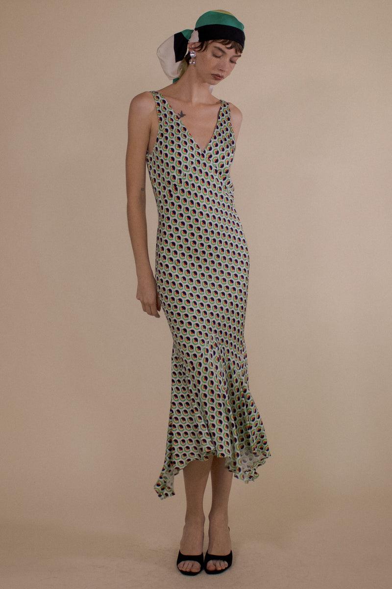 SOLNA DOT V-NECK HANDKERCHIEF HEM SLIP DRESS (PRE-ORDER)