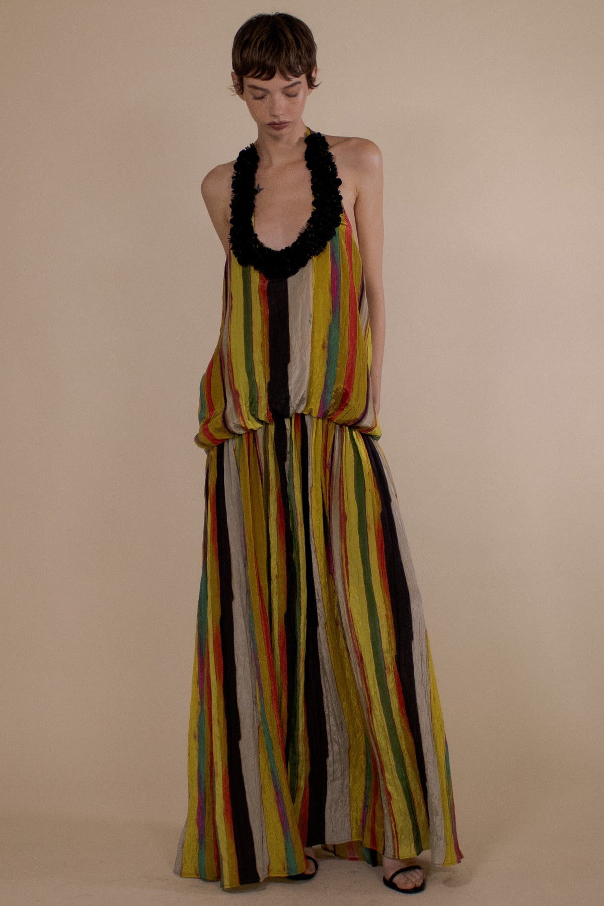 ENCRUSTED WHEATPASTE STRIPE BLOUSON HALTER GOWN (PRE-ORDER)