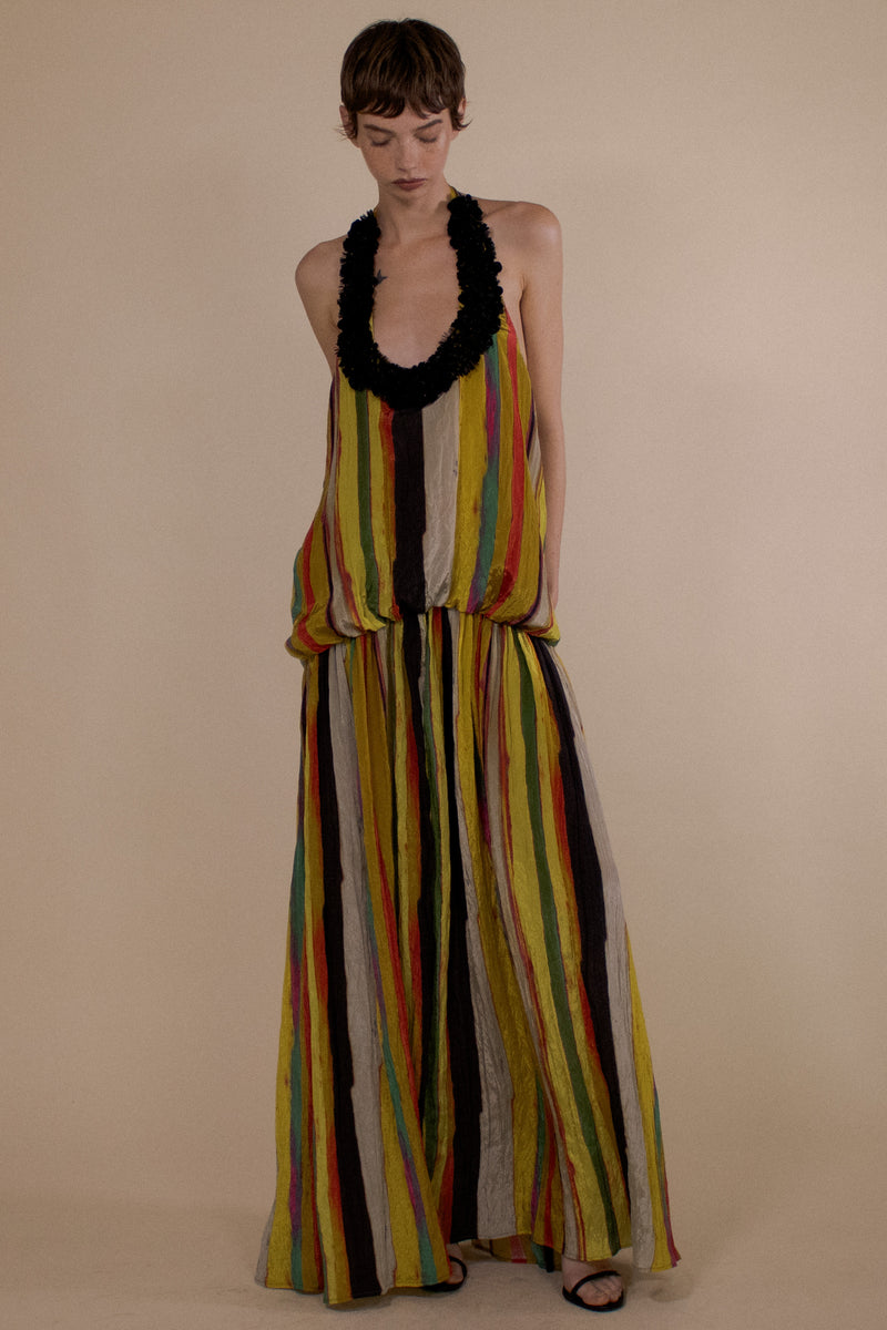 ENCRUSTED WHEATPASTE STRIPE BLOUSON HALTER GOWN (PRE-ORDER)