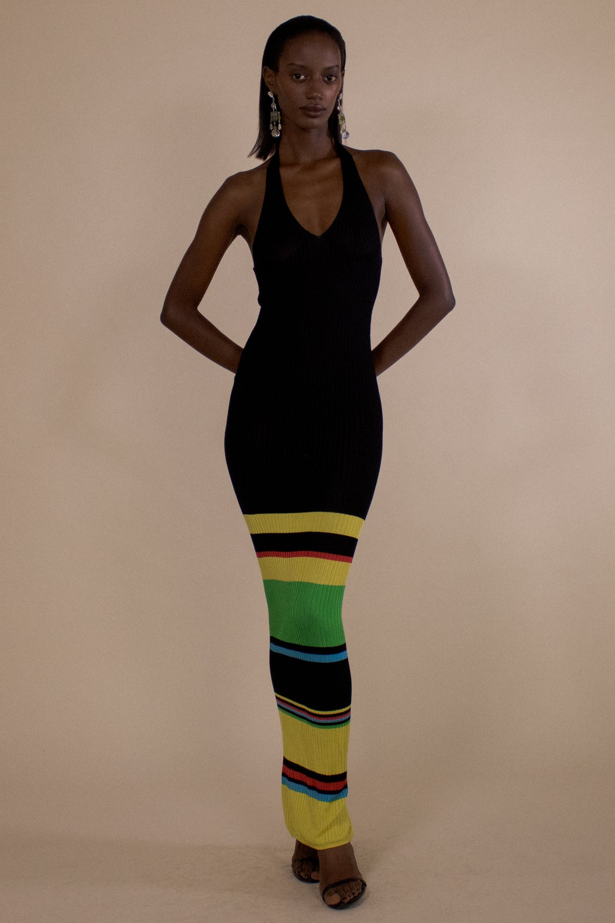 SHEER STRIPED HEM HALTER RIBBED GOWN (PRE-ORDER)